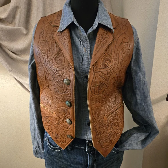 Ralph Lauren Country HAND TOOLED Vintage Congac Vest Ca. Late 80s/mid 90s RARE - Picture 1 of 16